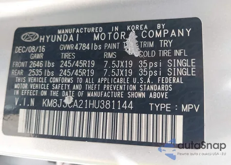 2017 Hyundai Tucson Limited from USA, damaged, VIN KM8J3CA21HU381144